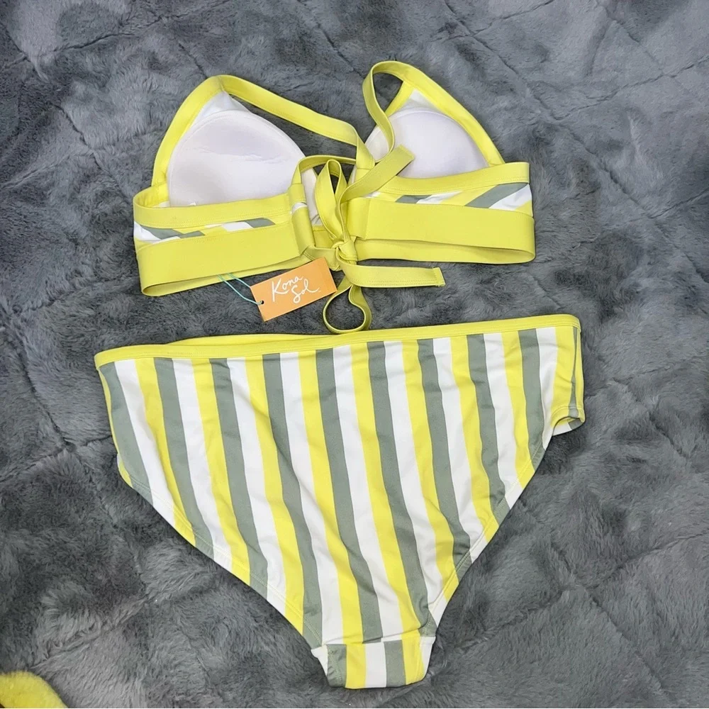 Kona Sol Women's Plus Size yellow & gray stripped Triangle bikini set nwt 1X